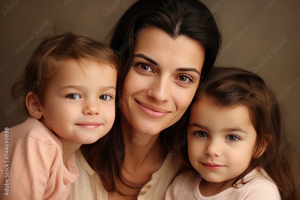 Happy Family Portrait Mother and Children Smiling for the Camera Happy Family Portrait Mother and Children Smiling for the Camera