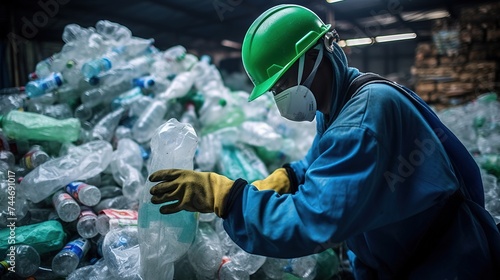 A worker goes through Plastic bottles at a garbage recycling plant. Waste management Concept.