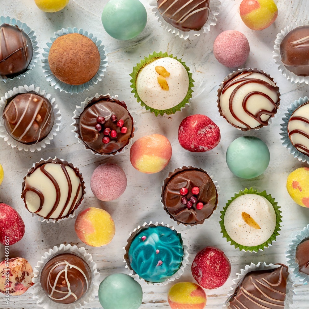Schokoladepralinen, Konfekt, handgemacht, bunt.
Nahaufnahme, Vogelperspektive, isoliert, weißer Hintergrund. Schokoladepralinen, Konfekt, handgemacht, bunt.
Nahaufnahme, Vogelperspektive, isoliert, weißer Hintergrund.