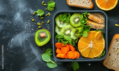 Healthy food concept. Lunch box with fruits, vegetables and bread on dark background. Top view, flat lay photo