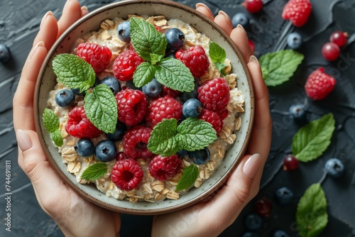 Indulge in a delicious and healthy treat with a bowl of oatmeal topped with an assortment of juicy, antioxidant-rich berries including sweet strawberries, tart blueberries, and vibrant raspberries, p