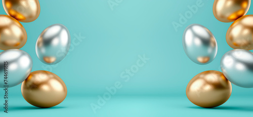 Easter eggs of gold and silver color flying and levitating on both sides of a light blue background, centre area left blank for copy space or logo. Cropped for a background or banner image format.