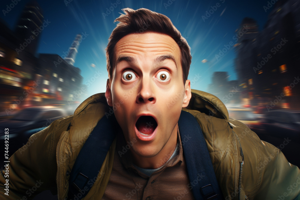 Shocked man facial expression on city street background.