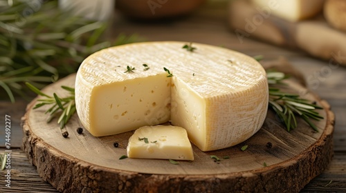 Camembert brie cheese with herbs on a rustic wooden background.