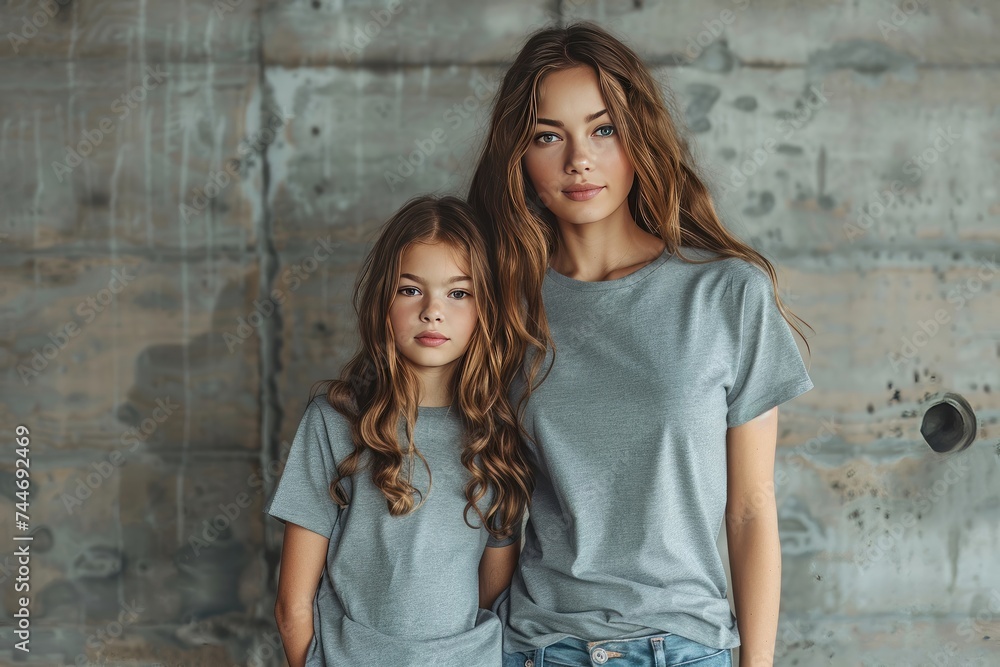 A stylish young mother and her daughter, both dressed in plain gray t-shirts and jeans