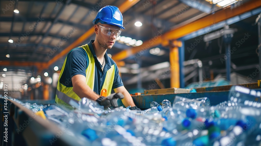 A worker goes through Plastic bottles at a garbage recycling plant. Waste management Concept. A worker goes through Plastic bottles at a garbage recycling plant. Waste management Concept.