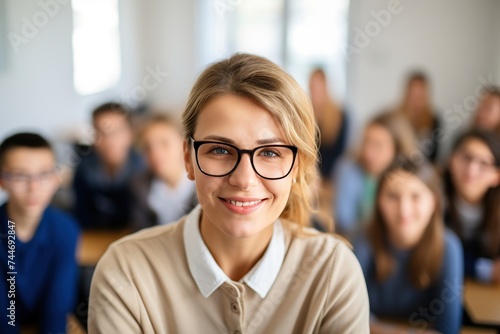 A cheerful senior female teacher with glasses standing in a classroom, with young students visible in the background.
