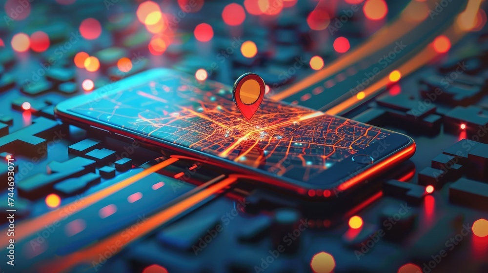 Mobile map navigation technology. Point on smartphone with GPS navigation icon and map on blur traffic road abstract background Mobile map navigation technology. Point on smartphone with GPS navigation icon and map on blur traffic road abstract background
