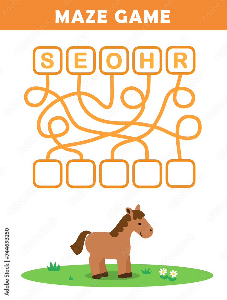 Word maze worksheet for kids with cute horse illustration. Labyrinth game for preschool children. Fun spelling practice activity. Word maze worksheet for kids with cute horse illustration. Labyrinth game for preschool children. Fun spelling practice activity.