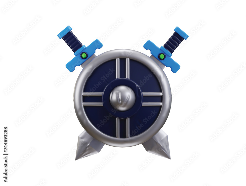 Obraz premium Sword with metal shield icon 3d rendering vector illustration