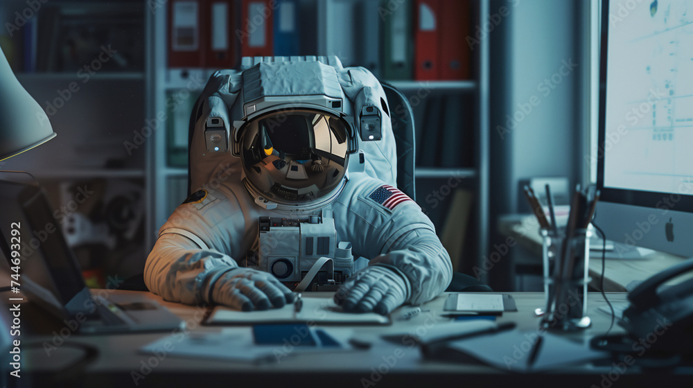 Astronaut in Full Gear Engaged in Everyday Office Work, Symbolizing Cosmic Ambition and Innovation, Overqualification