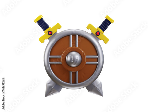 Sword with metal shield icon 3d rendering vector illustration