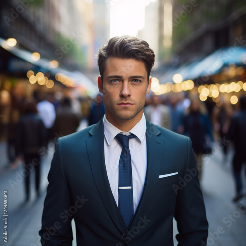 Confident Businessman Portrait, Standing on a busy downtown city street. photo