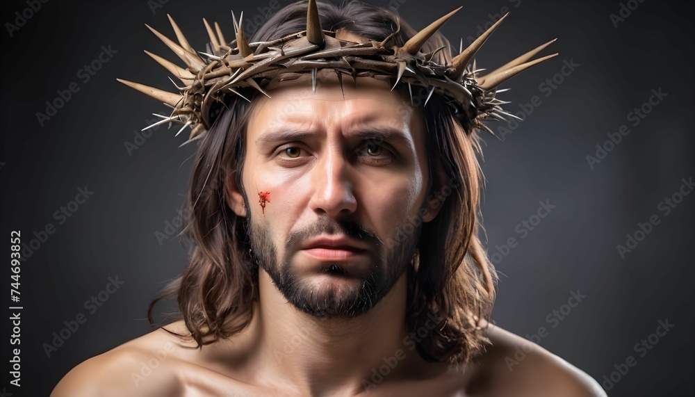 Jesus wearing crown of spike thorns, depicting suffering for the human kind , religion and Christianity concept, Easter holiday generative ai