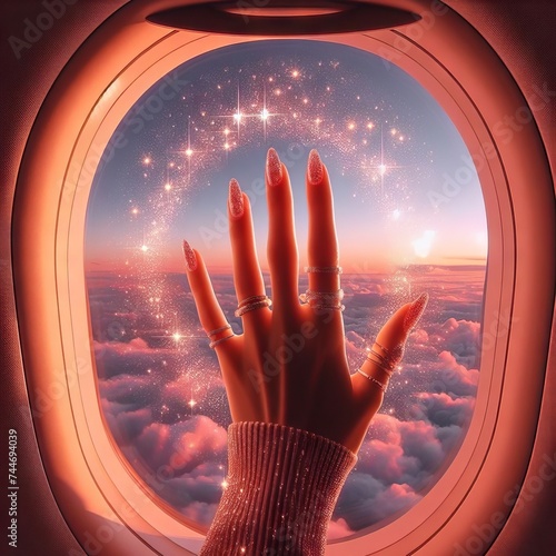 Woman looks out the window of an airplane. Hand near the porthole. Girl on the plane generative ai. Airplane wing, scenic view. Beautiful cloud, pink sky. Traveling by plane, adventure. Air transport