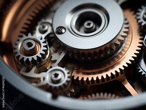 Macro photography captures the texture and tiny details of interconnected mechanical gears.