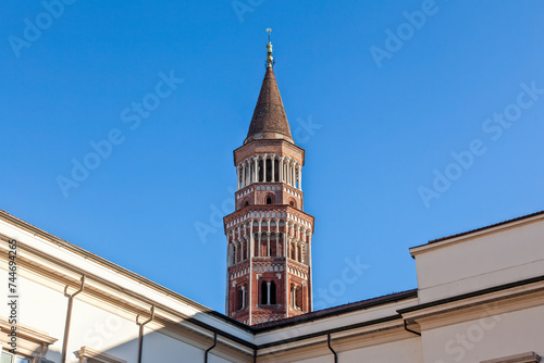 The octagonal bell tower of the catholic Church of San Gottardo in Navigli district of Milan, in northern Italy, Europe. photo