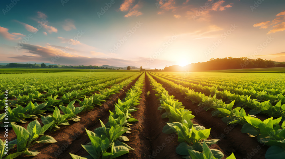 Agricultural plantation in field agricultural landscape, green growing plants Agricultural plantation in field agricultural landscape, green growing plants