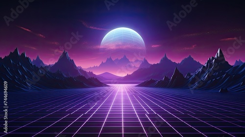 Retro cyberpunk style background. Sci-Fi background. Neon light grid landscapes. 80s, 90s. banner design. city and skyscrapers with neon futuristic technology background 