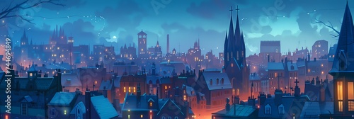 Night City Landscape Background Panorama Concept Drawing image HD Print 15232x5120 pixels. Neo Game Art V10 23