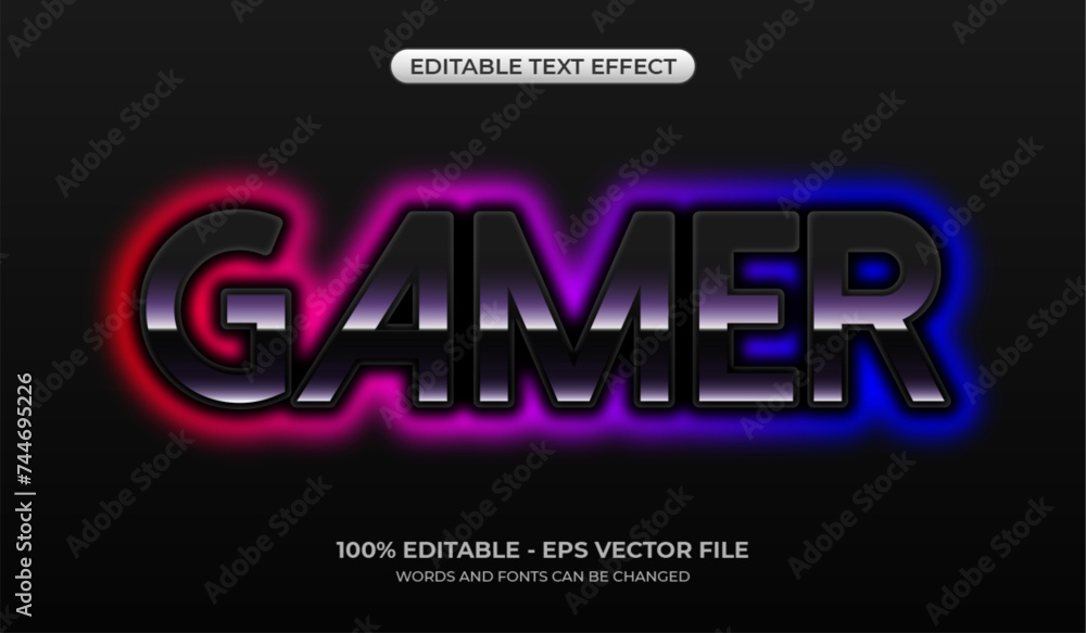 Glowing neon futuristic gamer text effect. Editable glossy jet-black graphic styles. 3d gamer font mockup with red and blue gradient neon color