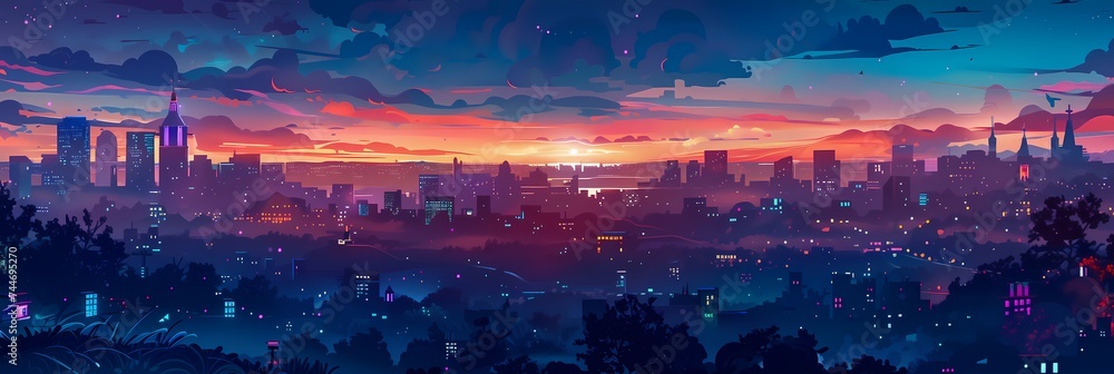 Night City Landscape Background Panorama Concept Drawing image HD Print 15232x5120 pixels. Neo Game Art V10 14