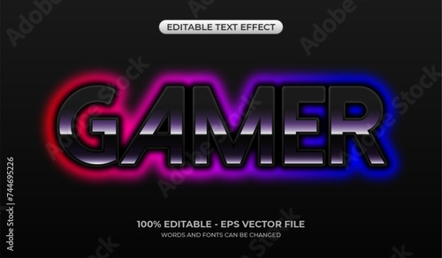 Glowing neon futuristic gamer text effect. Editable glossy jet-black graphic styles. 3d gamer font mockup with red and blue gradient neon color