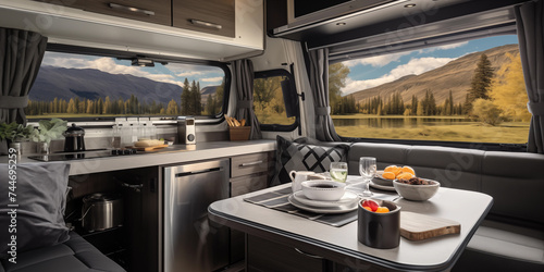 The interior design of RV camper van features a kitchen with a table, a countertop, kitchen appliances, and a window for a cozy dining experience.