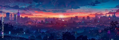 Night City Landscape Background Panorama Concept Drawing image HD Print 15232x5120 pixels. Neo Game Art V10 14