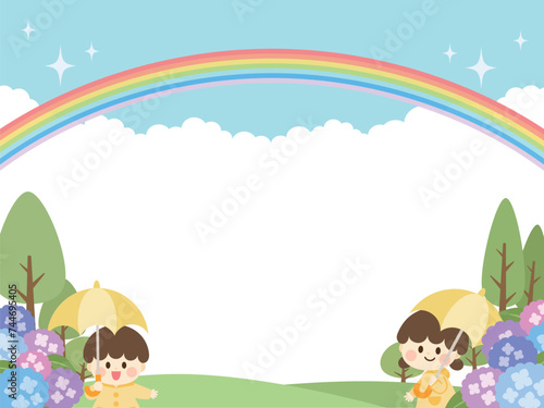 梅雨_子供と虹と紫陽花の背景フレーム