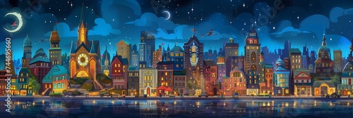 Night City Landscape Background Panorama Concept Drawing image HD Print 15232x5120 pixels. Neo Game Art V10 8