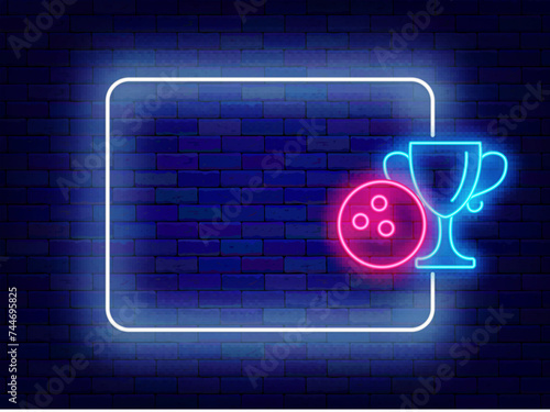 Bowling club neon advertising. Bowling tournament and empty white frame. Ball and winner cup. Vector stock illustration