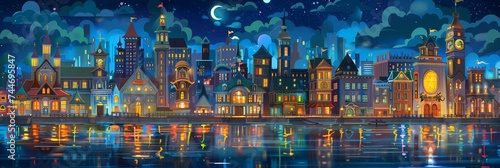 Night City Landscape Background Panorama Concept Drawing image HD Print 15232x5120 pixels. Neo Game Art V10 6