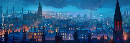Night City Landscape Background Panorama Concept Drawing image HD Print 15232x5120 pixels. Neo Game Art V10 3