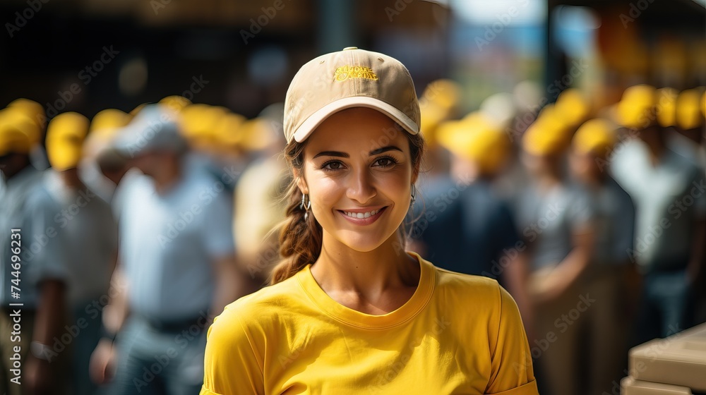 beautiful young woman in warehouse and people working packing boxes yellow themes beautiful young woman in warehouse and people working packing boxes yellow themes