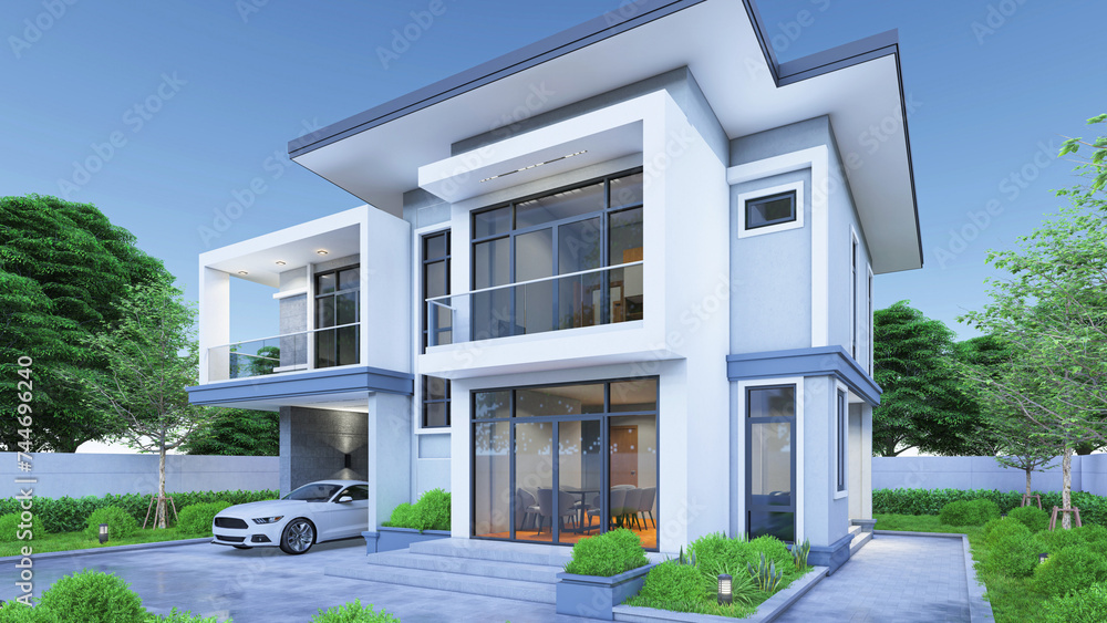 Modern contemporary style house 2 story with garage and natural scenery background
