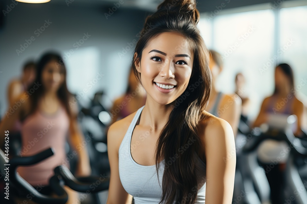 Fototapeta premium Wide shot a asian woman riding a spin bike at the gym Generative AI