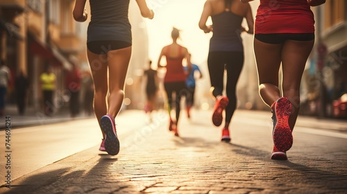 Close up athlete group women feet running on city road town city background sun light flare