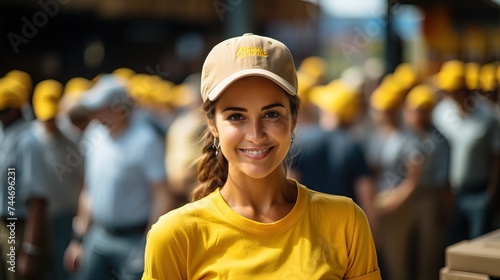 beautiful young woman in warehouse and people working packing boxes yellow themes
