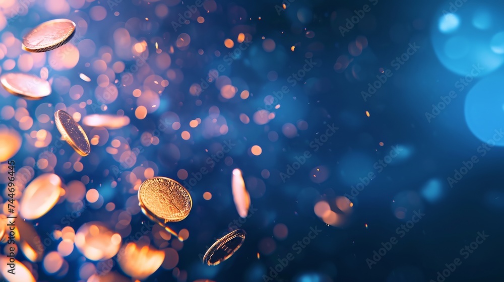 Flying gold coins with bokeh background - obrazy, fototapety, plakaty 
