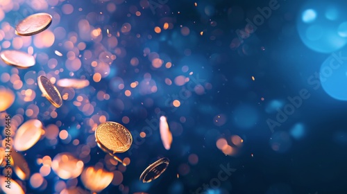 Flying gold coins with bokeh background photo