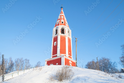 Ancient bell tower of the Church of the Icon of the Mother of God of Kazanskaya on a frosty January day. Tutaev (Romanov-Borisoglebsk). Yaroslavl region, Russia