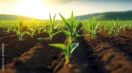 Agricultural plantation in field agricultural landscape, green growing plants