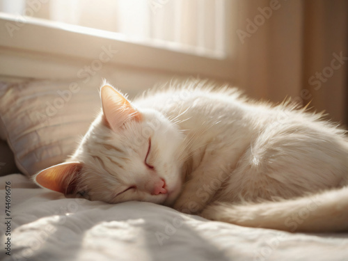 White cat sleeping on a soft bed With soft sunlight. generative AI