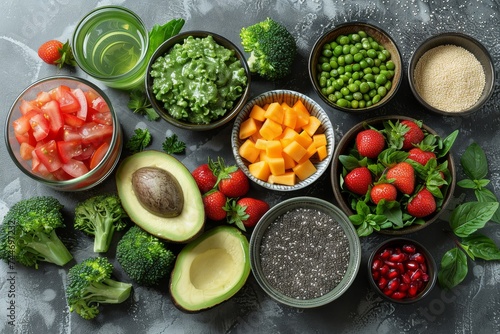 Vibrant bowls filled with an array of fresh, local produce, bursting with nutrition and flavor, creating a feast for the eyes and body