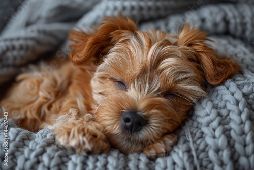 A peaceful brown yorkipoo puppy, a delightful crossbreed between a poodle and a schnoodle, rests soundly on a cozy indoor blanket, embodying the perfect companion for any dog lover