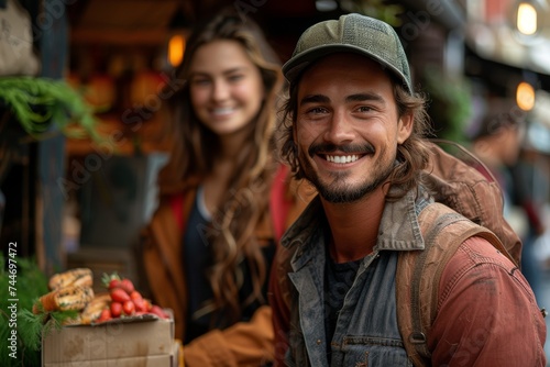 A stylish man confidently poses in front of a bustling marketplace, his warm smile shining as he stands among vibrant plants and fashion accessories, captivating the attention of a woman nearby © familymedia