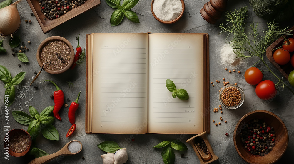 Blank cookbook for recipes with white pages and items of vegetables, ingredients and wooden kitchen utensils on the table, top view, Ai generated image Blank cookbook for recipes with white pages and items of vegetables, ingredients and wooden kitchen utensils on the table, top view, Ai generated image