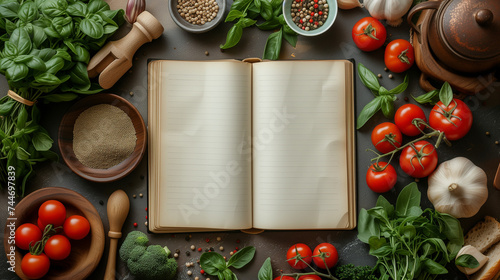 Blank cookbook for recipes with white pages and items of vegetables, ingredients and wooden kitchen utensils on the table, top view, Ai generated image