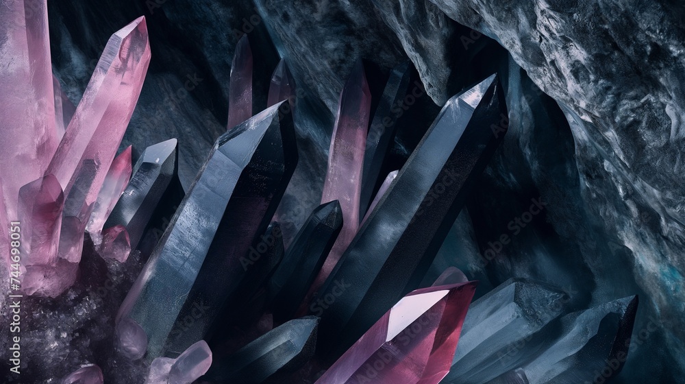 black and pink quartz crystal in a cave - obrazy, fototapety, plakaty 
